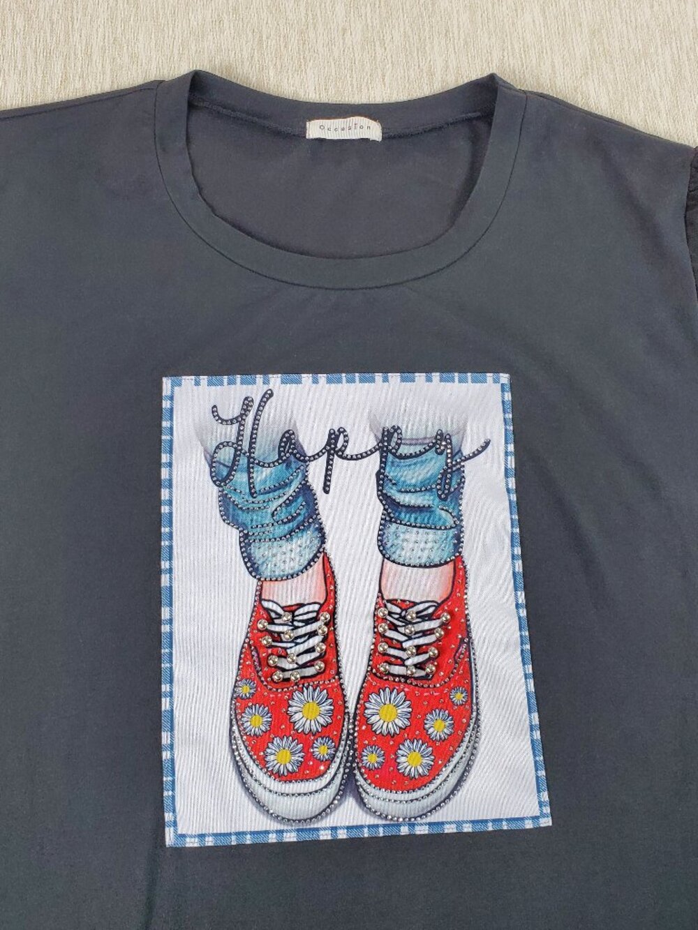 Women's Graphic T-Shirt Sheer Long Sleeve Red Sneaker With Daisy Pattern "Happy"